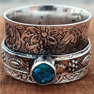 NWOT Sterling Silver Floral Ring with Blue Stone